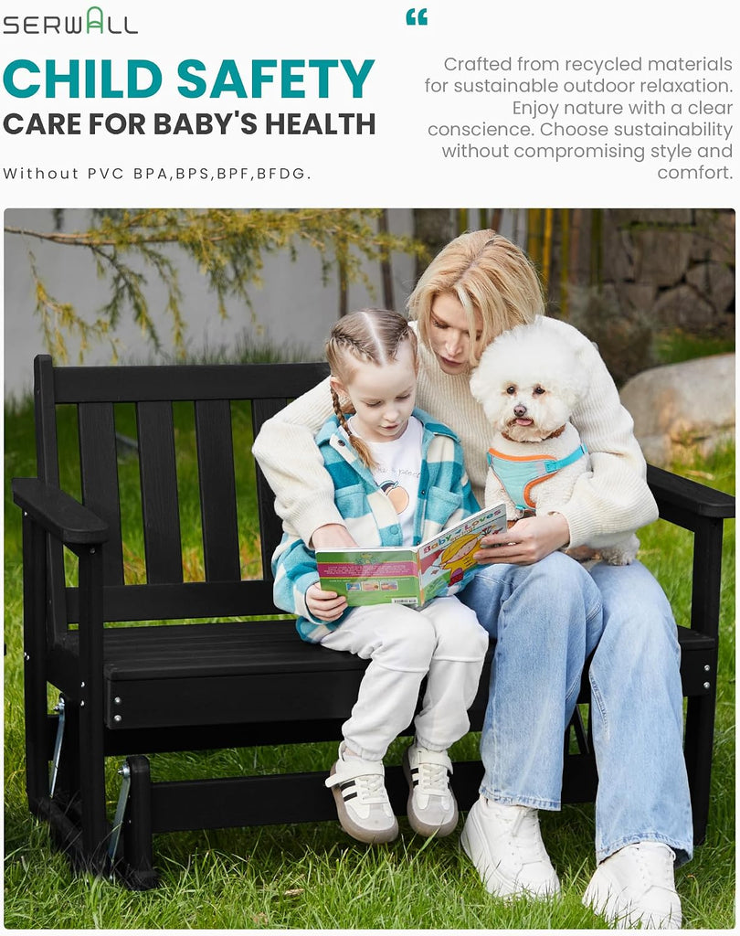 2 Person Patio Glider Bench, HDPE All Weather Swinging Bench, Black