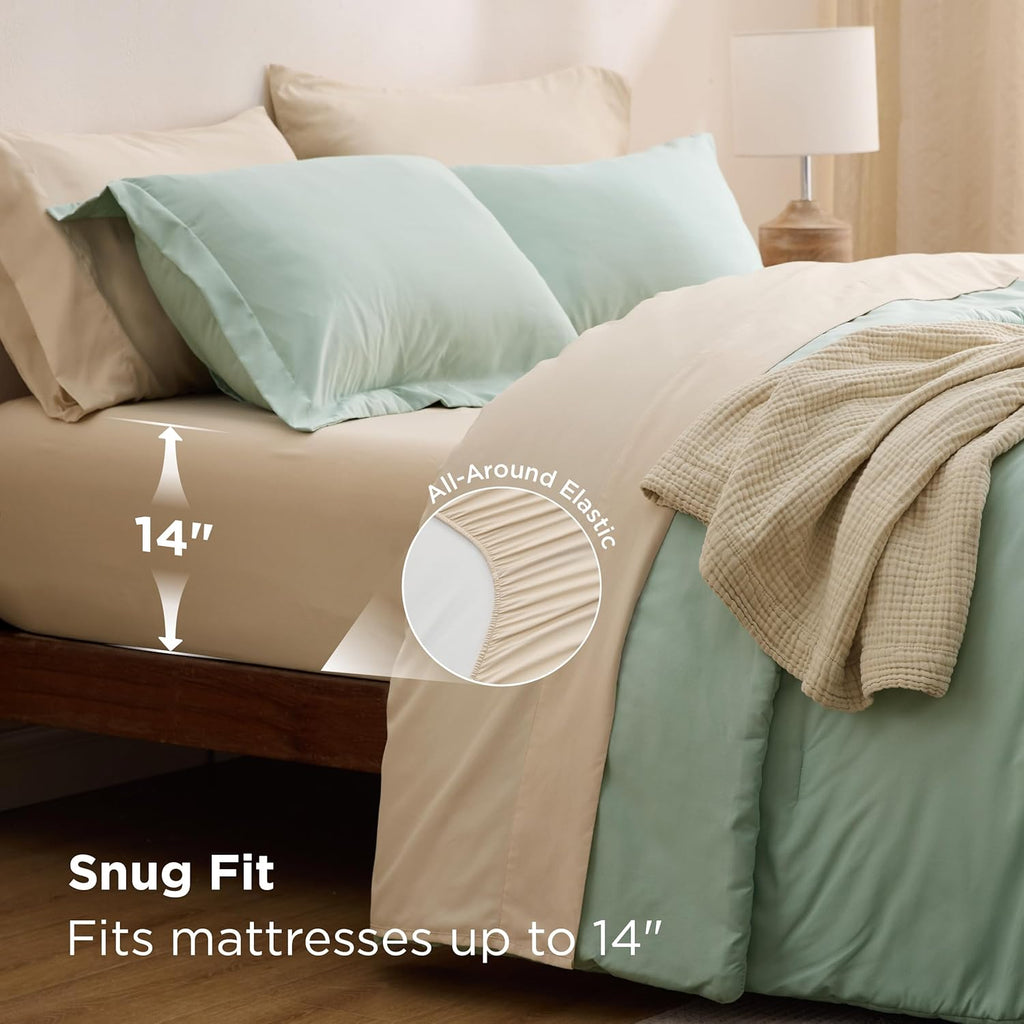 Comforter Set - 7 Pieces Sage Green Bedding Set for All Seasons