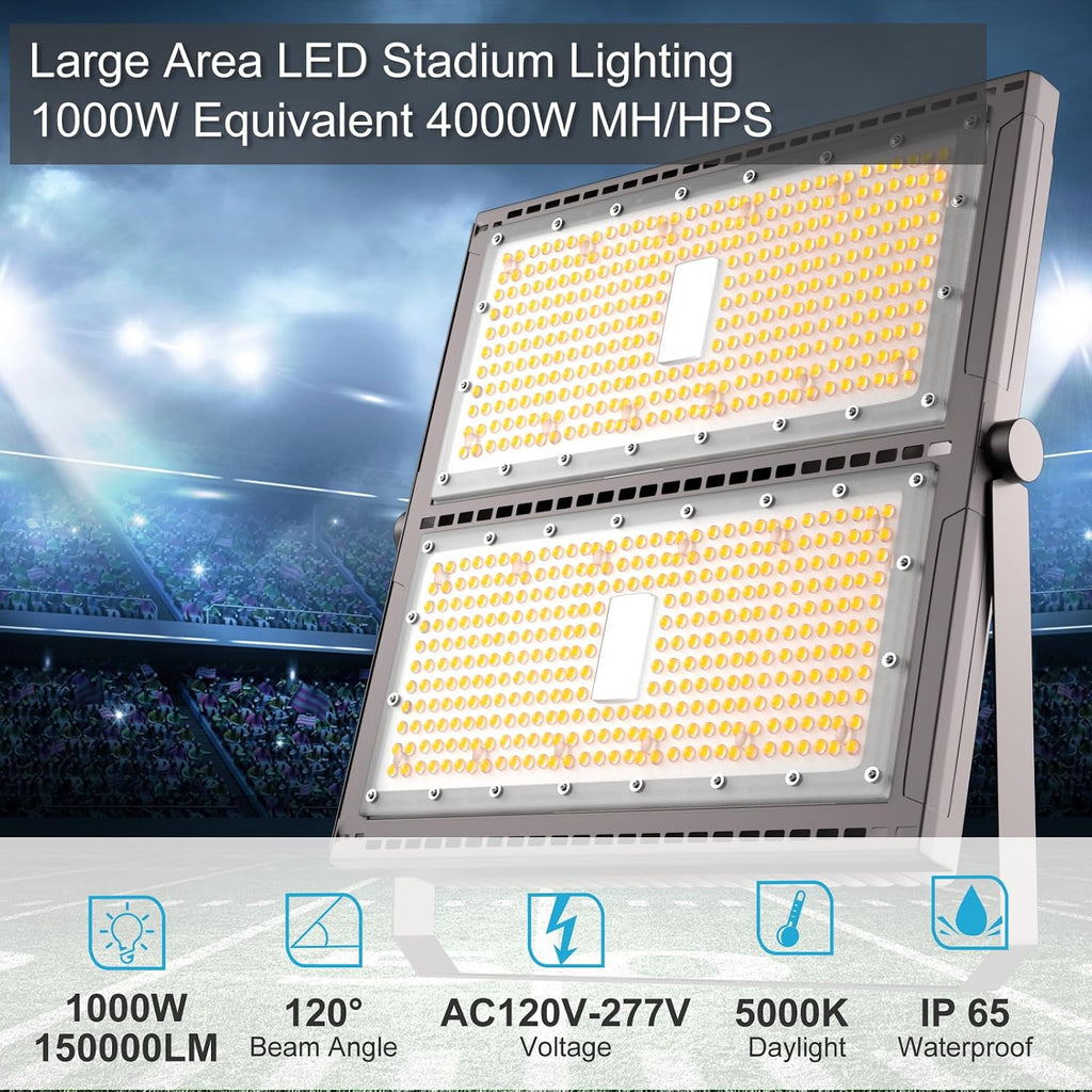 Upgrade 1000W LED Flood Light Outdoor 150000Lm Led Stadium Light with Adjustable Bracket, IP65 AC100-277V Commercial