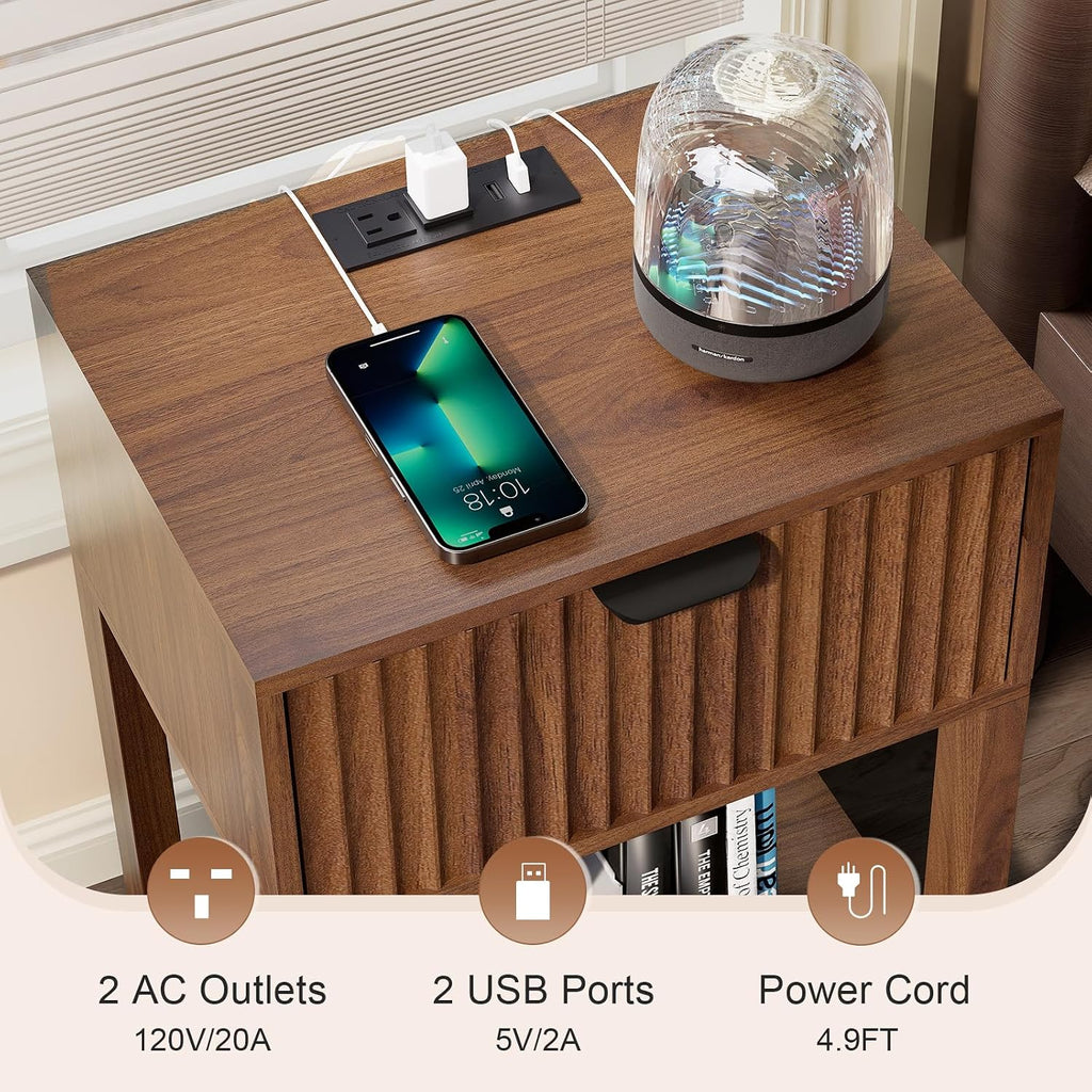 Night Stand Set 2, Fluted Nightstand with Charging Station, Wood Bedside Table with Drawer & Storage Shelf, Modern
