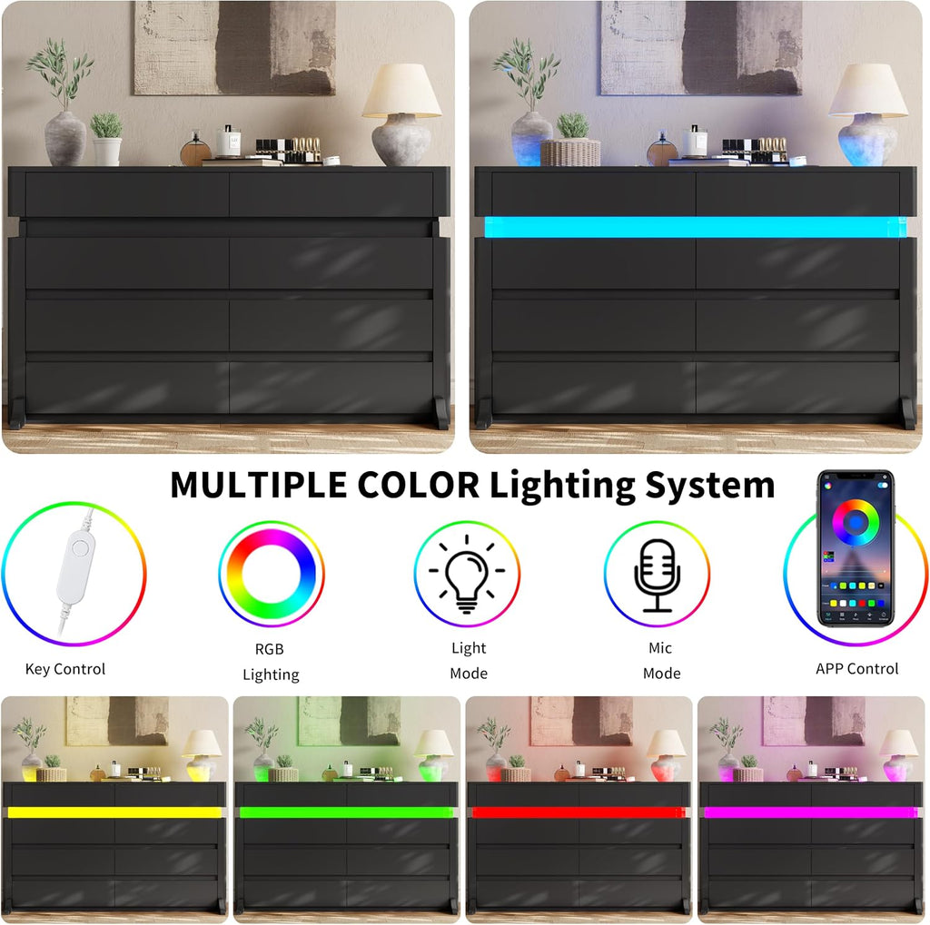 8 Drawer Dresser with LED Lights, Black Dresser with Glass Top Modern Chest of Drawers for Closet Modern Double Wide