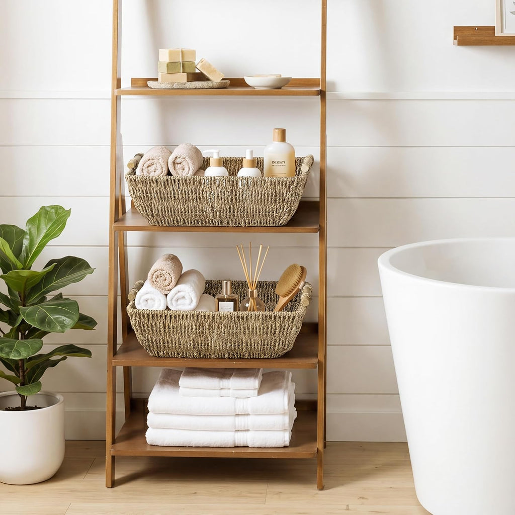 Hand-Woven Jumbo Storage Baskets with Wooden Handles, Seagrass Wicker Baskets for Organizing, 2-Pack