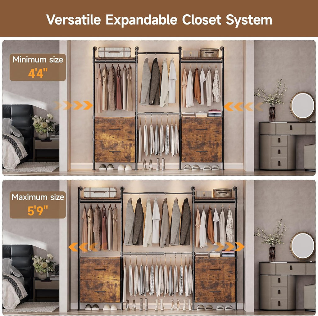 T4 Wall Mounted Closet System, Industrial Pipe Clothing Rack with 8 Wooden Shelves, 4 Drawers & 4 Hanging Rods (2