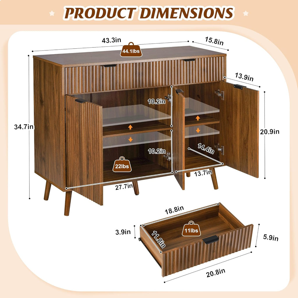 Fluted Sideboard Buffet Cabinet with Storage,2 Drawers and 3 Doors,Wood Coffee Bar Cabinet with Solid Wood Feet
