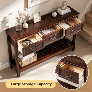 47'' Solid Wood Console Table with Storage, Narrow Long Rustic Sofa Table with 3 Drawers and Open Shelf, Farmhouse