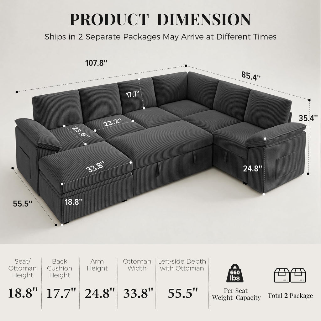 108'' Modular Sectional Sleeper Sofa Couches, Dark Grey
