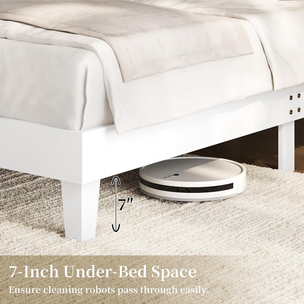 Full Bed Frame Wood Bed Platform with Headboard Solid Slat Support No Box Spring Needed Noise-Free Easy Assembly