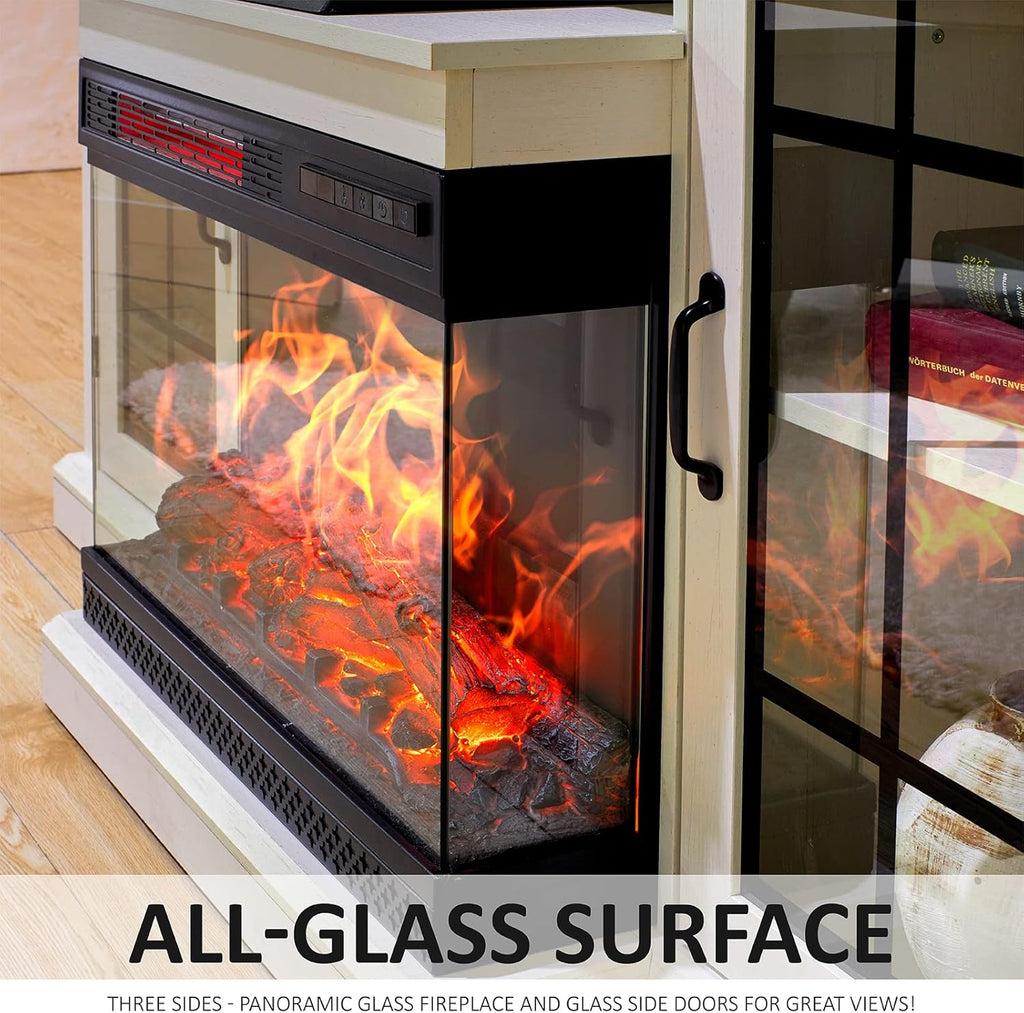 3-Sided Glass Fireplace TV Stand for TVs up to 65 Inches, Electric Fireplace Entertainment Center with 12-Color Flame and Closed Storage Cabinets, White