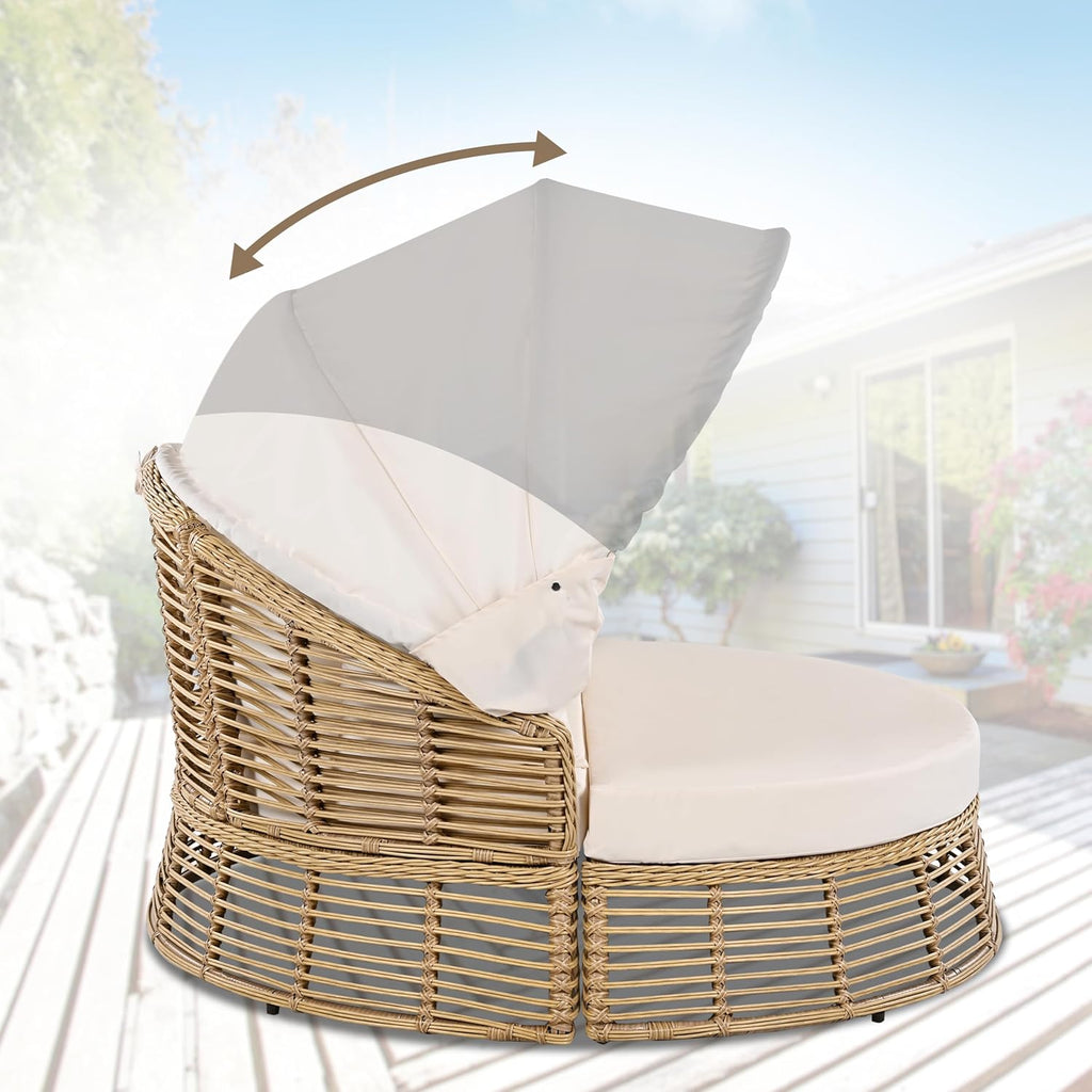 Outdoor Patio Round Daybed, Sun Bed with Adjustable Backrests and Foldable Cup Trays, Reclining Outdoor Lounger