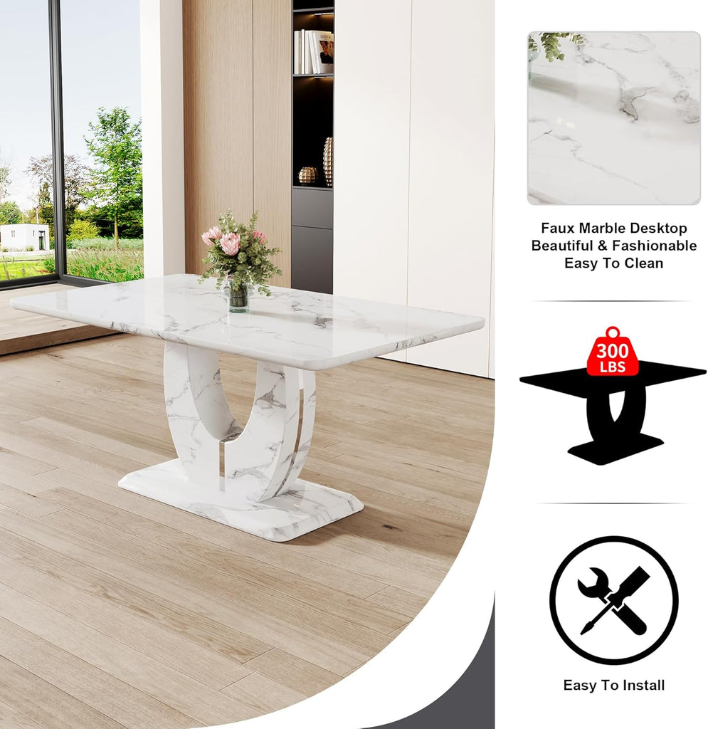 63" Faux Marble Dining Table, Modern Rectangular Kitchen Table with 1.8'' Thick MDF Tabletop, Rounded Corners, Stable