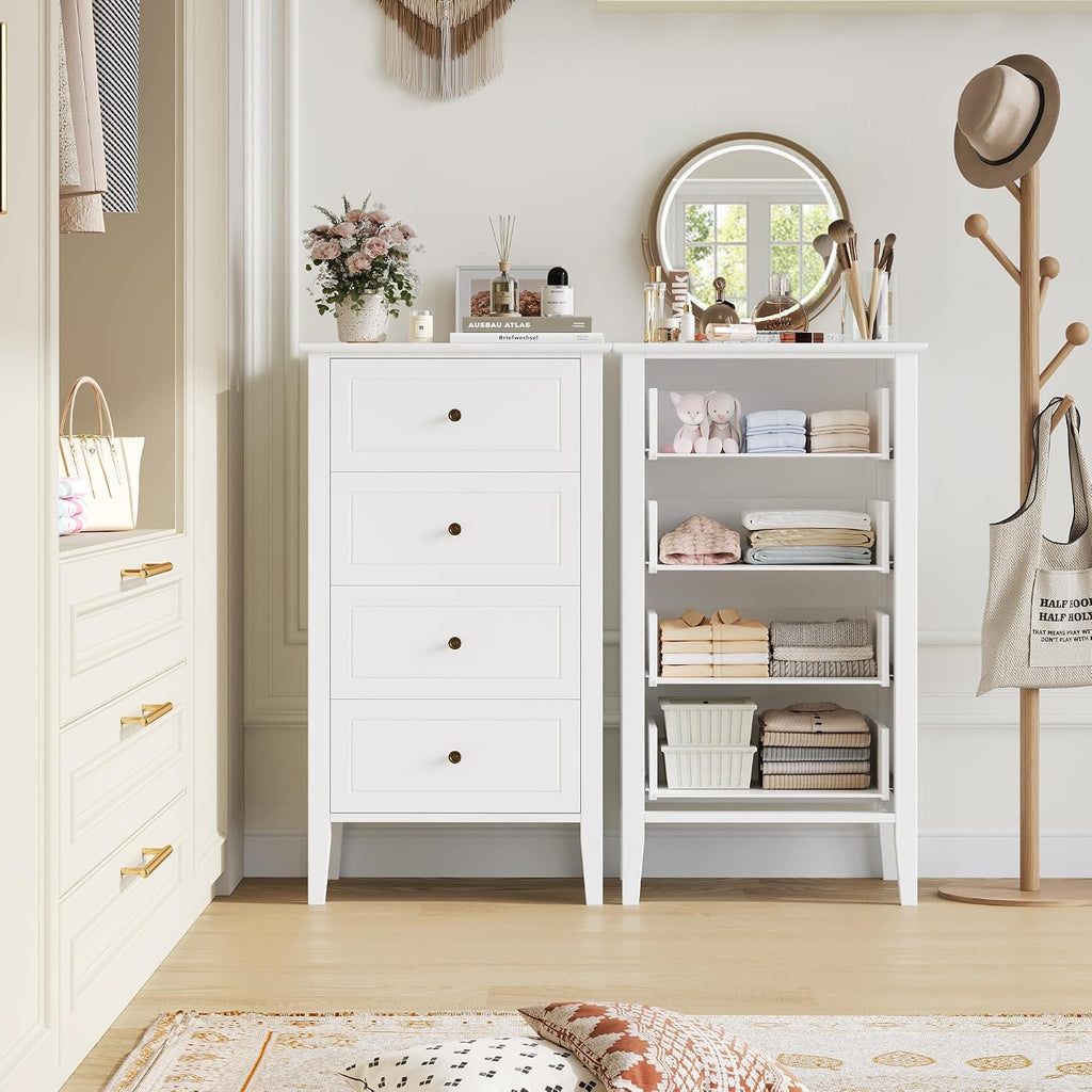 4 Drawer Dresser, White Dresser Antique Chest of Drawers with Solid Frame, Tall Wood Storage Chest Cabinet , White