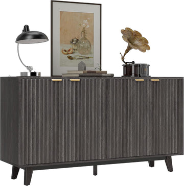 Fluted Sideboard Buffet Cabinet, 55" Modern Accent Console Cabinet with 4 Doors, 2 Adjustable Shelves and 5 Wood Legs