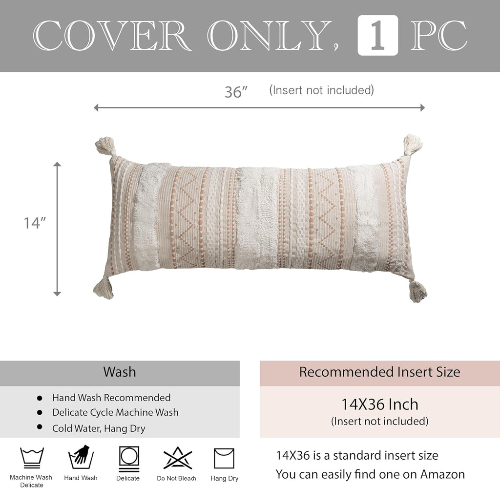 14x36 Lumbar Pillow Cover, Rectangular Long Decorative Throw Pillowcase, Boho Accent Cushion with Tufted Pattern and