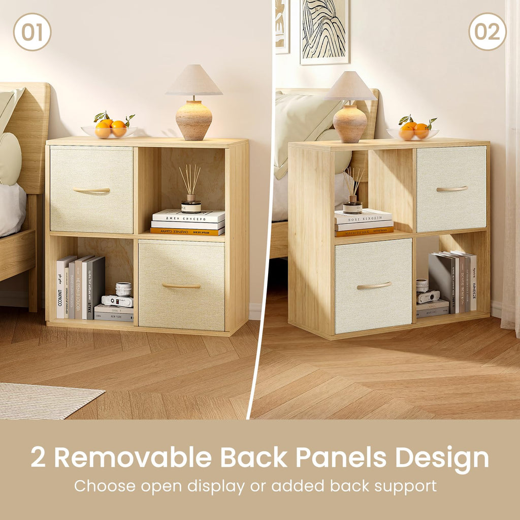 4 Cube Storage Organizer - Solid Wood Bookshelf with 2 Storage Bins, Cube Shelf with 2 Removable Back Panels