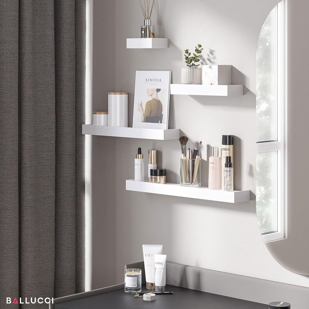 Modern Ledge Wall Shelves, Set of 4 Wood Floating Shelves , White