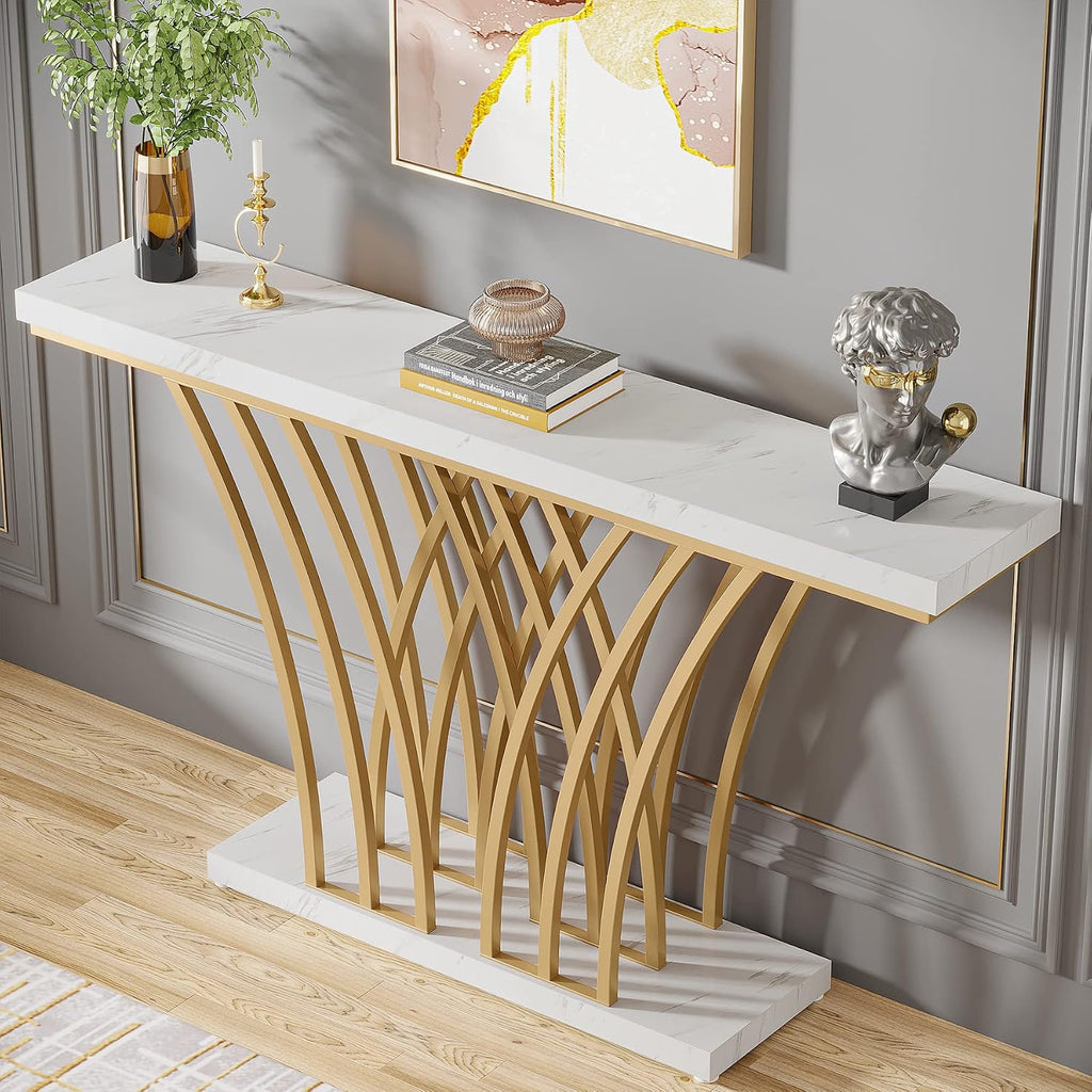 59 inch Gold Console Table, Modern Entryway Table with Grid-Shaped Metal Base for Entrance, Hallway, Entryway, Living