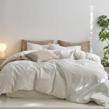 Striped Duvet Cover Set 100% Washed Cotton Linen Like
