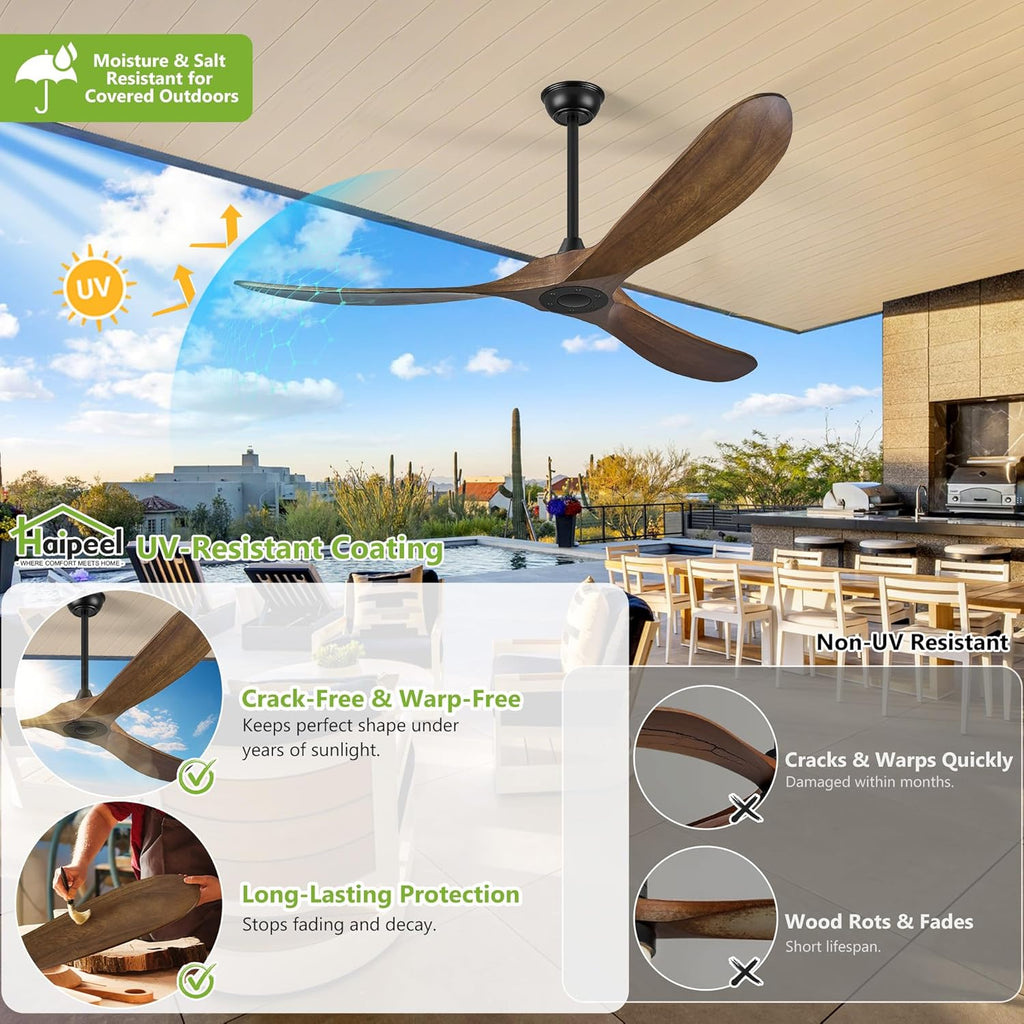 52 Inch Outdoor Ceiling Fan Without Light, 3 Blade Propeller Wood with Remote Control