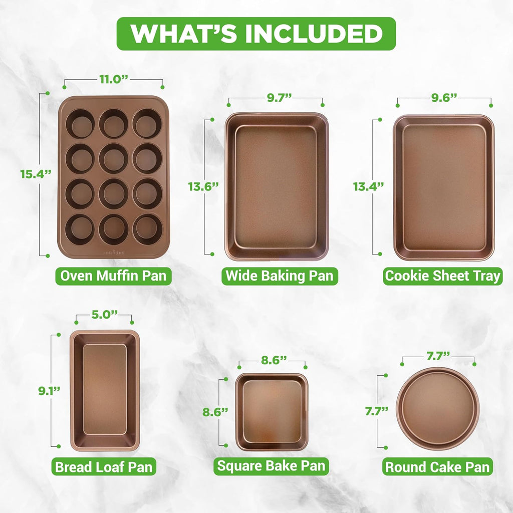 6-Piece Nonstick Bakeware Set, Carbon Steel Pans Set, Includes Cookie Sheets, Wide & Square Bake Pans, Bread Loaf &
