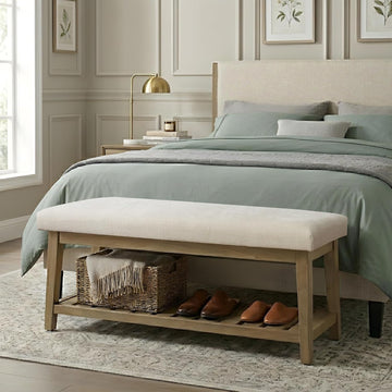 Entryway Bench with Cushion, Upholstered Shoe Rack Bench with Solid Wood Shelf, 44" End of Bed Bench , Chenille