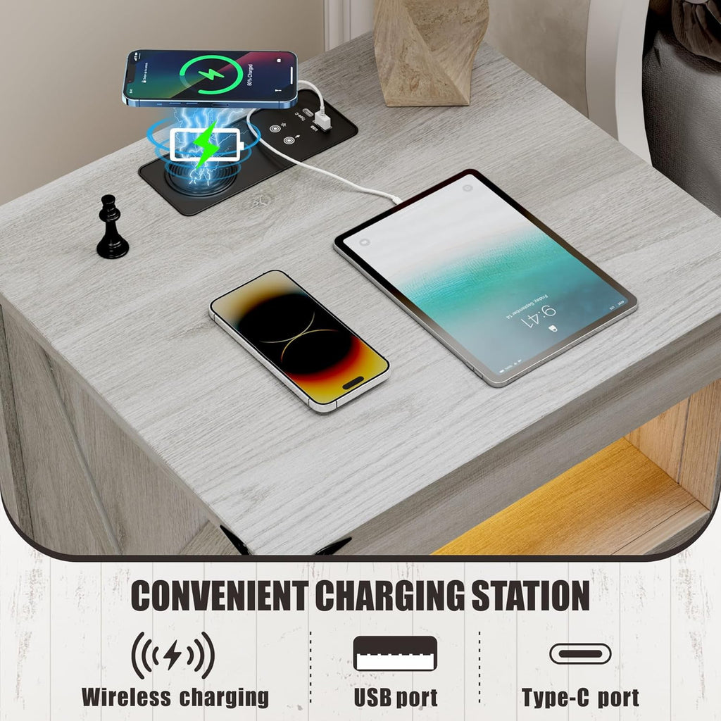 LED Bedside Table Set of 2 with Charging Station | Night Stand with Gun Drawers, LED Human Sensor Light, Farmhouse