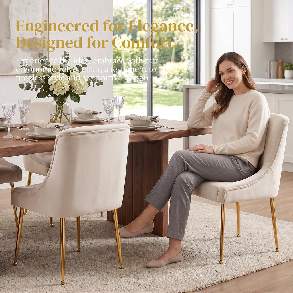 Cream Velvet Dining Chairs Gold Legs, Armless Upholstered Dining Room Chair | Set of 2 Padded Accent Chair with Wing