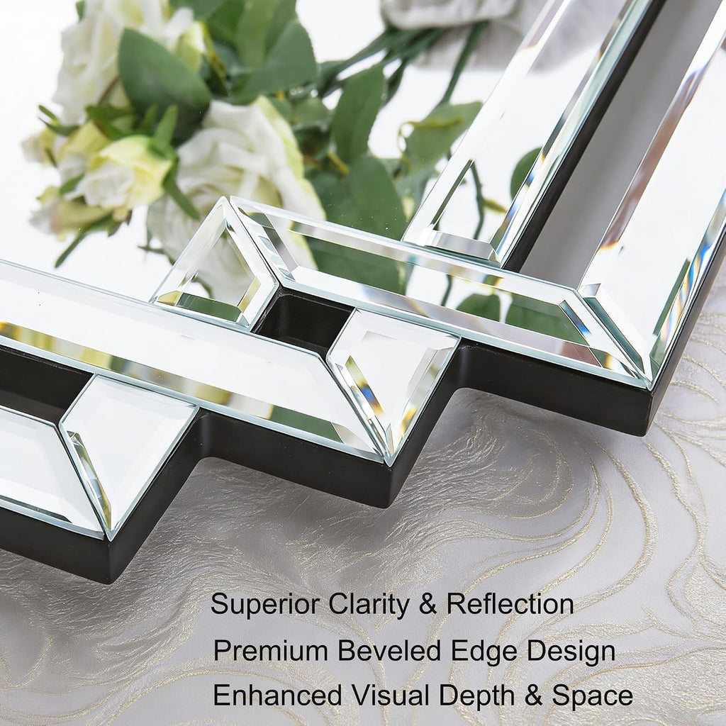 Modern Large Living Room Mirror with Mirrored Frame Decor, 24" X 36" Decorative Wall Mirror with Glass Pieces and