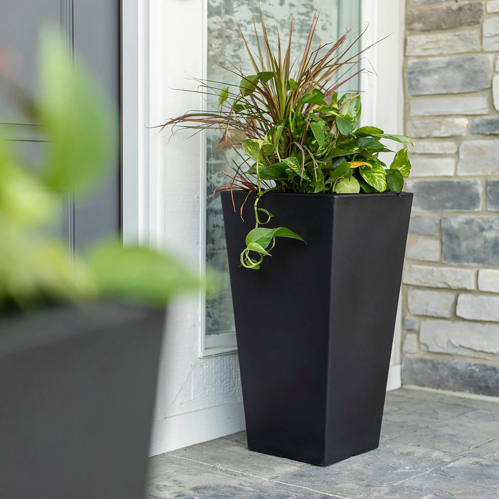 Tremont Tall Square Tapered Planter 2-Pack, 28 in Resin Planters, Self-Watering, Onyx Black