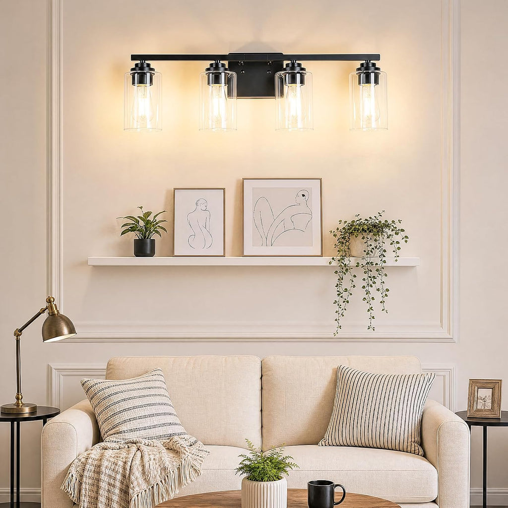 Black 4 Lights Bathroom Light Fixtures Over Mirror 27 Inches | Modern Vanity Lights Over Mirror with Clear Glass