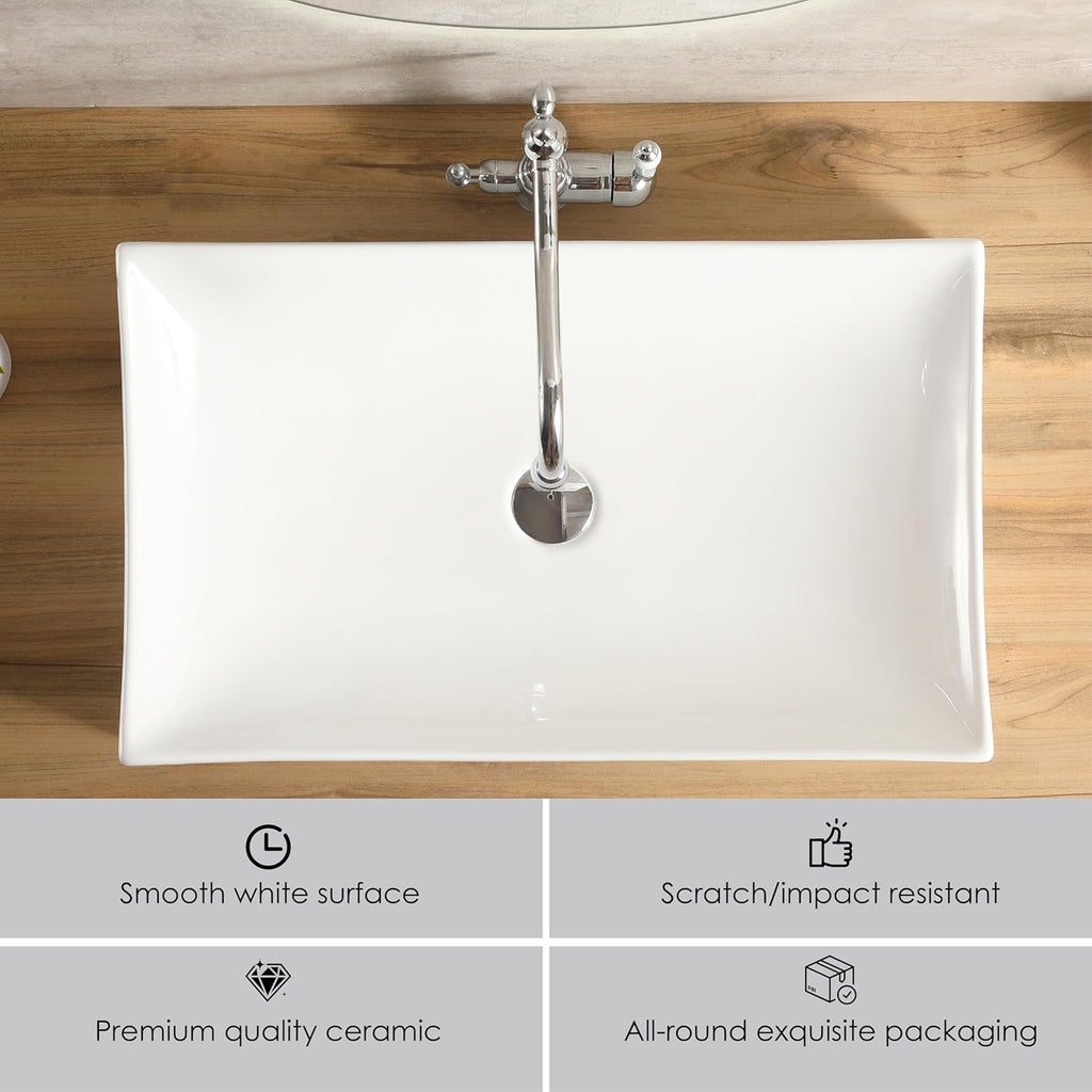 25"x15" Rectangular Bathroom Sink,White Vessel Sink Above Counter Porcelain Ceramic Vessel Sinks for Bathrooms