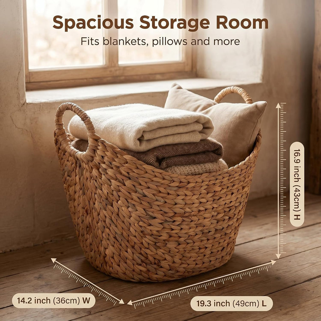 Extra Large Water Hyacinth Woven Storage Basket - Boat-Shaped with Handles & Steel Frame, Natural Decorative Bin for
