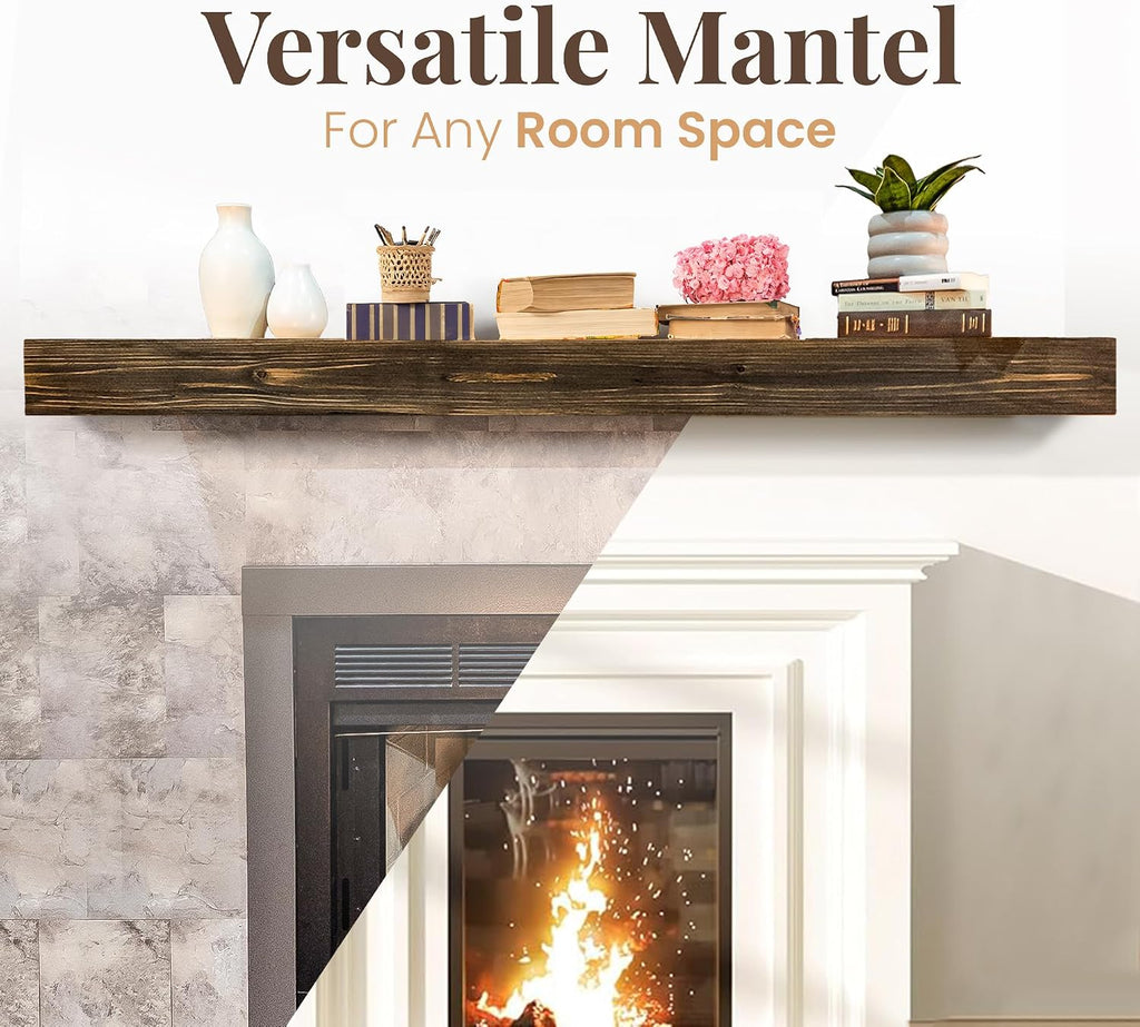 USA Made Real Wood - Handcrafted Farmhouse Wall Mounted for Over Fireplace Floating Shelf Mantle (Rustic, 60X8X5 Inch