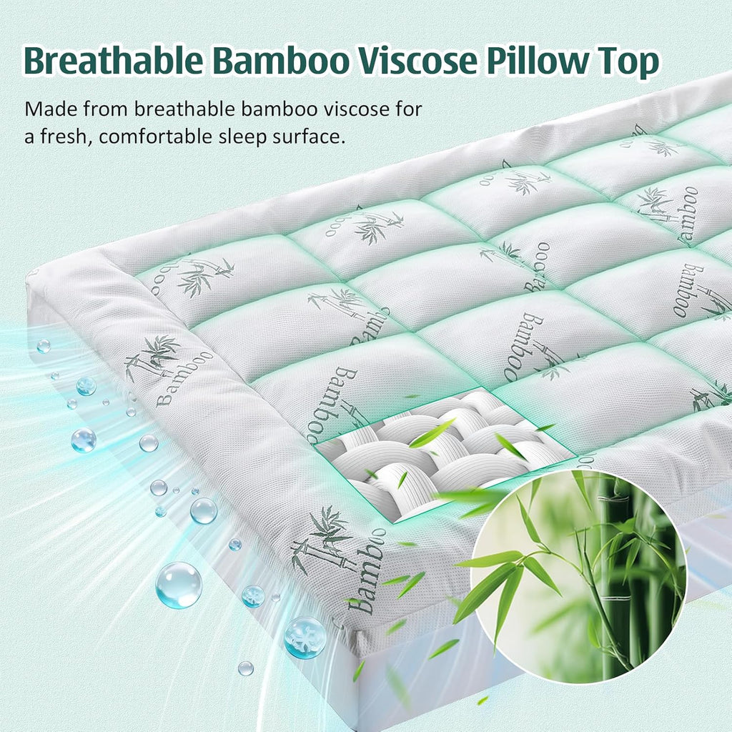 Memory Foam Mattress Topper Queen, Viscose Derived from Bamboo | Pillow Top Mattress Pad for Back Pain Relief | Deep