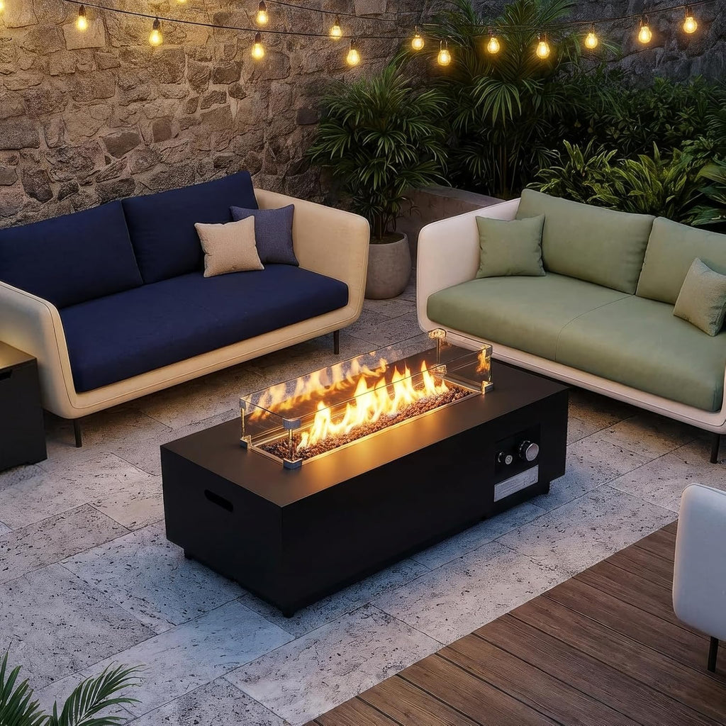 42'' Outdoor Propane Fire Pit Table, 50,000 BTU Rectanle Natural Gas Fire Pits with Tank Cover Wind Guard
