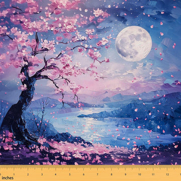 Girly Pink Cherry Blossom Fabric By The Yard Aesthetic Moonnight Landscape Upholstery Fabric Romantic Sakura
