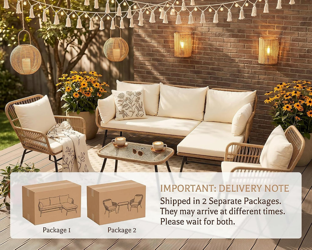 6 Pcs Boho Outdoor Patio Furniture Set, High Back L-Shaped Outdoor Couch with Ice Bucket Table