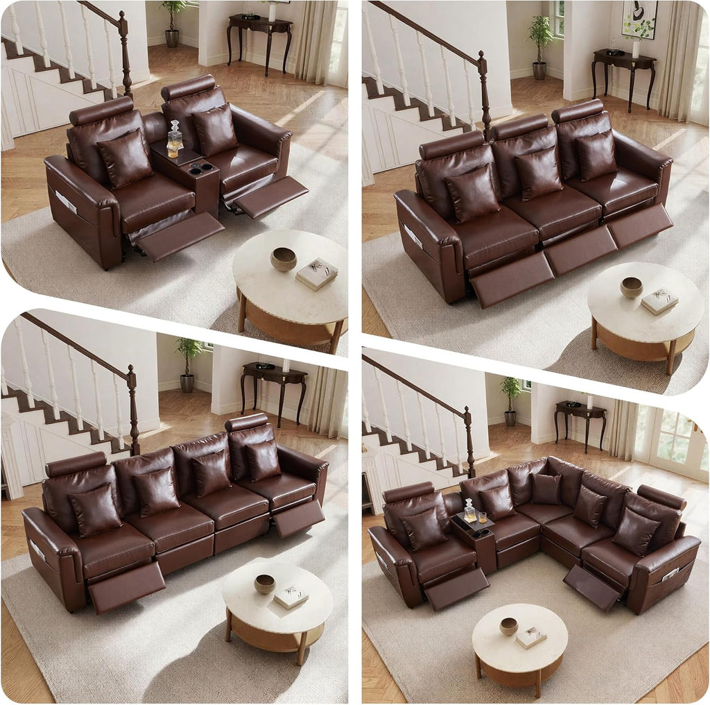 Modern Faux Leather Armless Power Recliner Sofa Seat for Modular Sectional Couch -Dark Brown