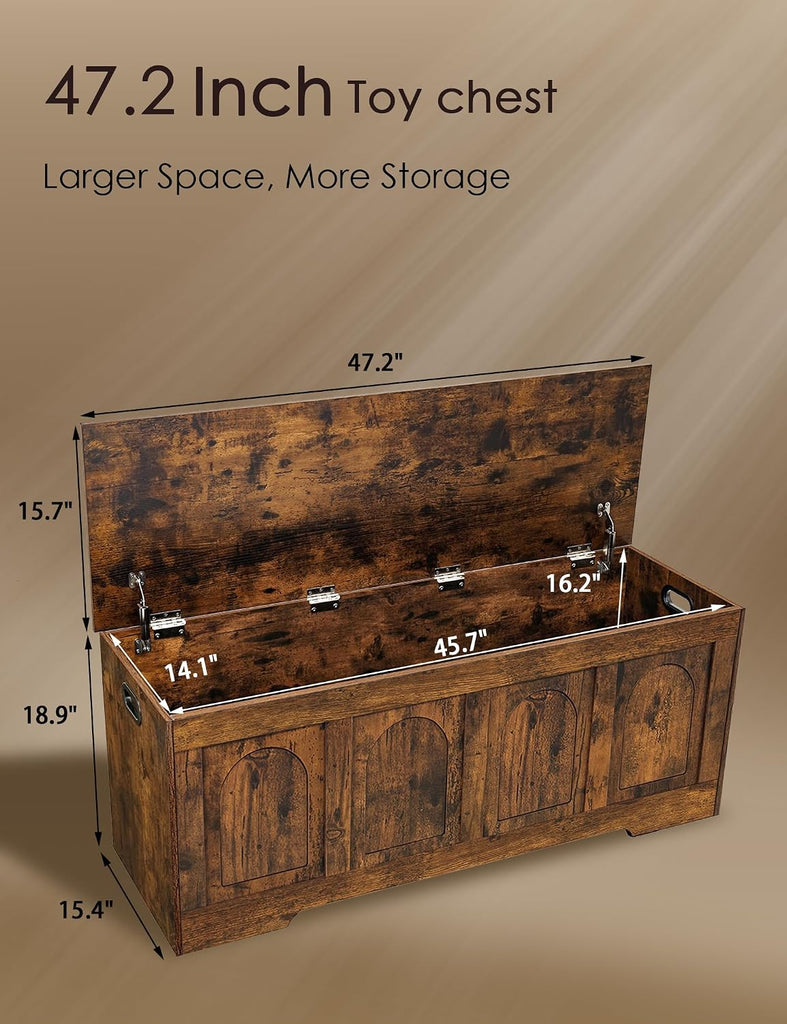 Storage Chest, Wooden Toy Box with Lid, 2 Soft-Close Hinges 47.2" | Entryway Shoe Bench, Finger-safe Flip-Top, Easy