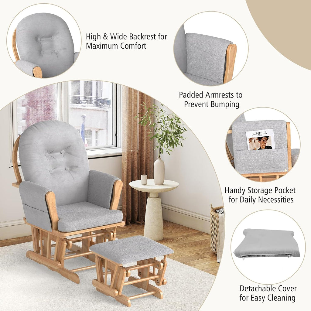 Nursery Glider with Ottoman, Upholstered Comfort Glider Rocker with Padded Cushion, Storage Pocket, Solid Wood Base