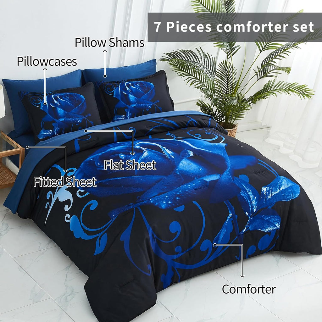 Blue Comforter Set 7 Piece Bed in a Bag Blue Rose Comforter with Sheet Set Soft Micorfiber Reversible