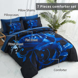 Xruibed Blue Comforter Set Queen 7 Piece Bed in a Bag Blue Rose Comforter with Sheet Set Soft Micorfiber Reversible