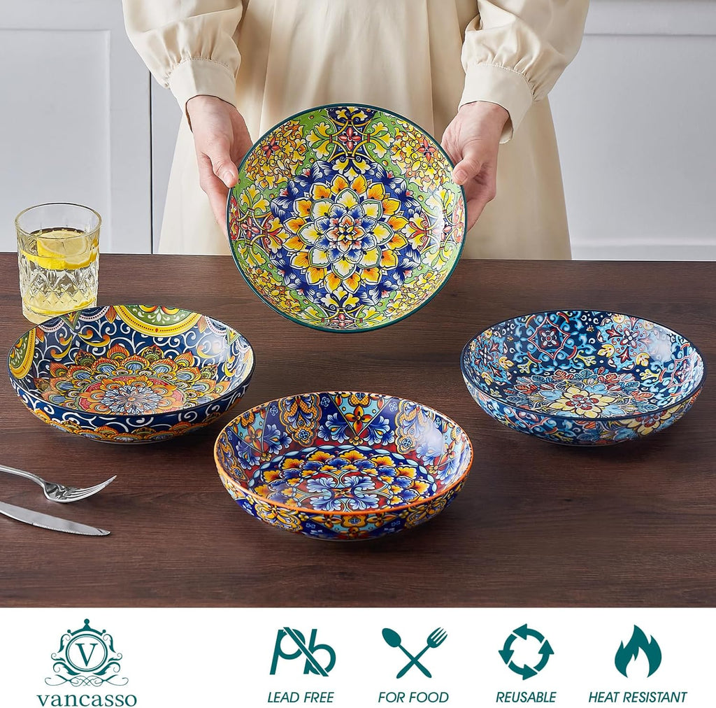 Pasta Bowls Set of 4, 42oz Ceramic Serving Bowls,Boho Pasta Plates | Large Shallow Bowls for Pasta, Salad, Soup, 42