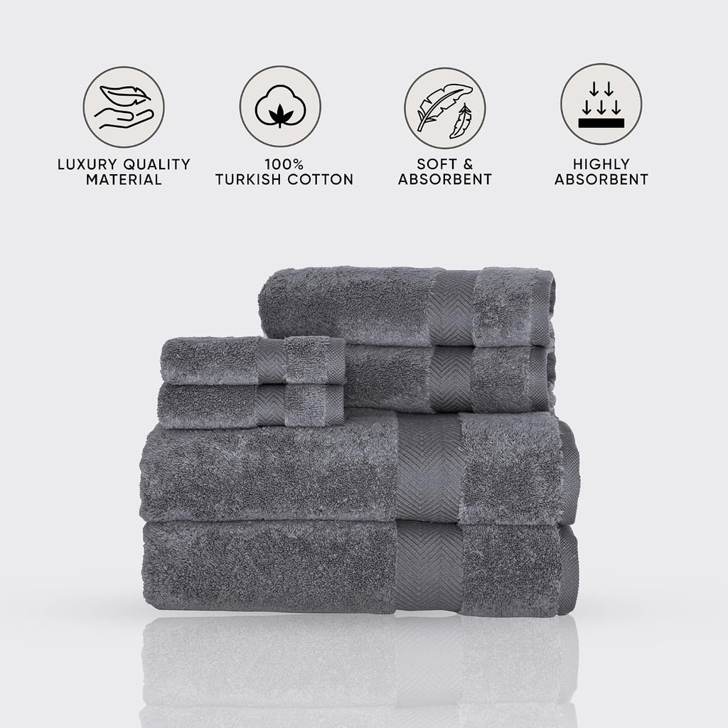 CTT - Luxury 6 Piece Towel Set, 100% Turkish Cotton, Quick Drying, Highly Absorbent & Comfy, Includes 2 Bath Towels