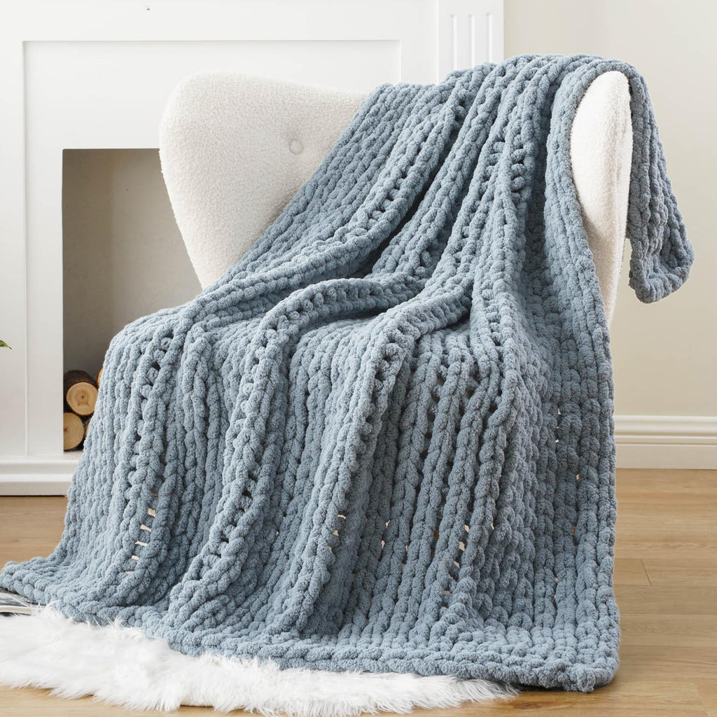 Blue Chunky Knit Throw Blanket for Couch, 50"x60"