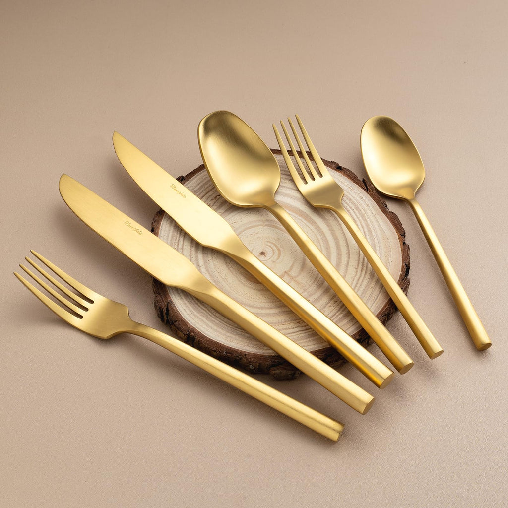 Gold Silverware Set with Steak Knives, Flatware Set with Hexagon Handle 24 Pieces 18/0 Stainless Steel Cutlery Set