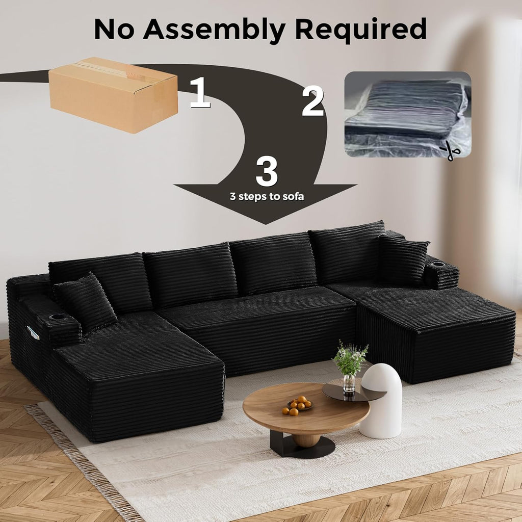 133" Oversized Cloud Boneless Sofa Couch with Chaise, Modern Corduroy U Shaped Modular Sectional Sofa with Deep Seat