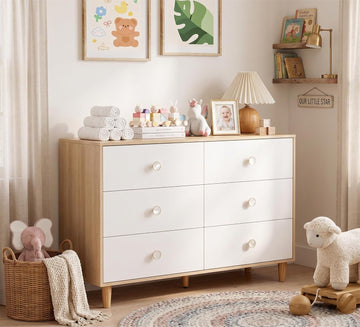 White Dresser , 6 Drawer Dressers with Solid Wood Legs, Baby Dresser for Kids, Storage for Clothes and Baby Essentials