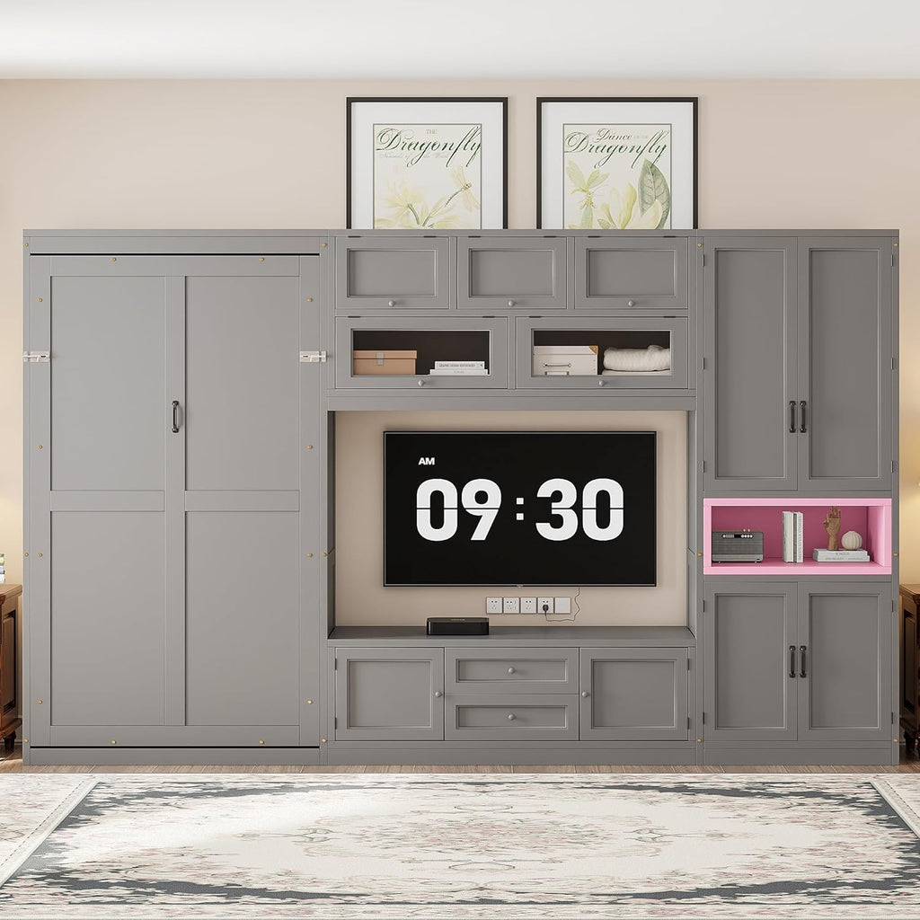 Twin Wooden Murphy Bed with TV Stand, Space-Saving Wall Bed Frame with 2 Drawers, Shelves, Cabinets, Foldable