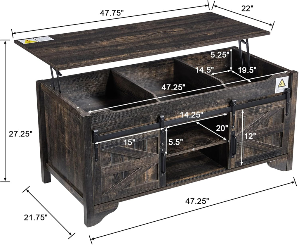 Lift Top Coffee Table with Sliding Barn Door 48" W Rustic Storage Coffee Tables