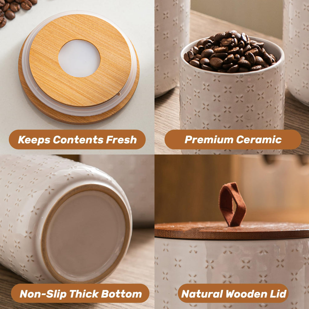 Embossed Ceramic Canister Set with Airtight Bamboo Lid